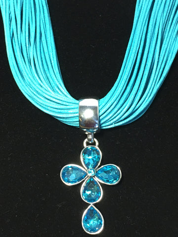 Multi Strand Teal Necklace with Teal Cross