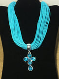 Multi Strand Teal Necklace with Teal Cross