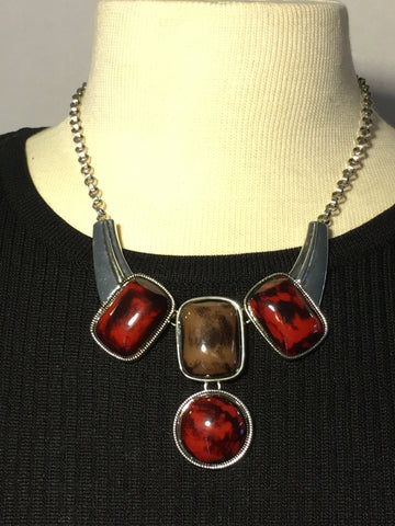 Red and Brown  Silver Necklace