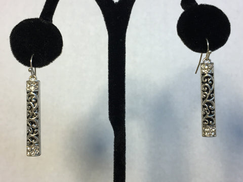 Long Dangle Silver Earrings with Rhinestones